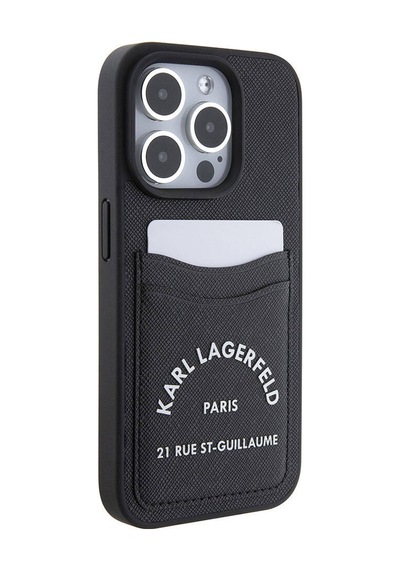 Apple Uyumlu iPhone 15 Pro Max  Kılıf Karl Lagerfeld Kartlıklı Saffiano 3d Rsg Logo  Lisanslı Siyah