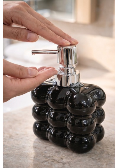 Buççin Online Mağaza 2 Adet Bubble Cam Sıvı Sabunluk, 300 Ml + 300 Ml - Siyah, 9,5x6,5x15 Cm Cam Siyah Çok Renkli
