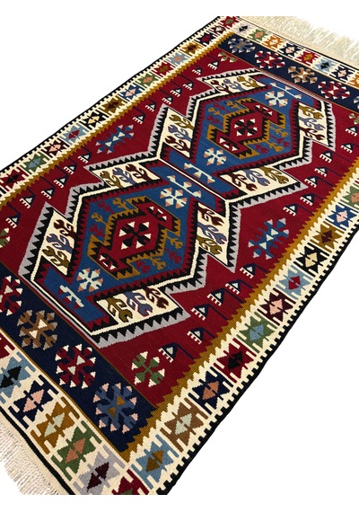 El Dokuma Sıfır Yahyalı Kilim 100x165 Kırmızı Mavi %100 Yün Kök Boya Mavi