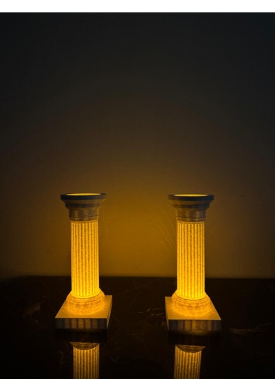 2'li Roma Sütunu Mumluk 15 Cm Mermer Görünümlü Led Tealight Dekor Seti
