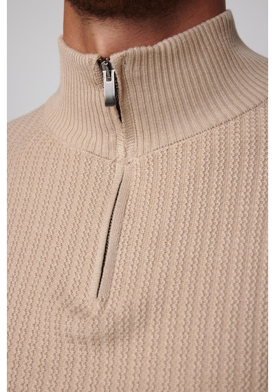 Tudors Slim Fit Dar Kesim Dik Yaka Fermuarlı Desenli Bej Erkek Triko Kazak-28924 Taş - Ekru