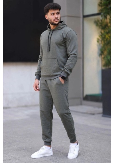 Freedom Storee Erkek İki İplik Kapüşonlu Kanguru Cepli Sweatshirt Jogger Pantolon Alt Üst Eşofman Takımı - Haki Çok Renkli