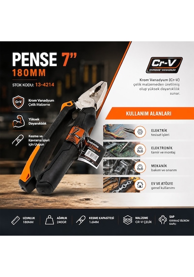 Azm Pense 7 İnç 180 Mm - Cr-v Turuncu Siyah Saplı- 6'li Paket Diğer
