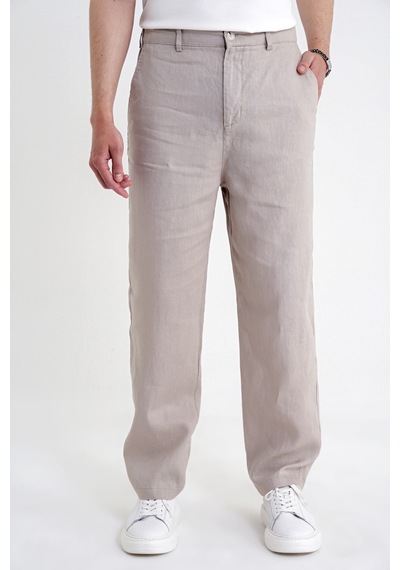 Oversize Kalıp Yan Cep Beli Lastikli Taş Keten Pantolon P 1216