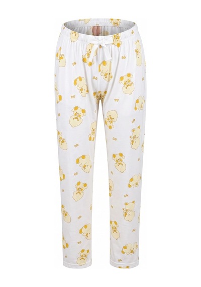 Cemo Sarı Kedi Ve Fiyonk Baskılı Beli Lastikli Bağcıklı Pijama Altı Ekru
