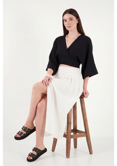Lela Pamuklu Regular Fit Bağlamalı Crop Kimono Bayan Kimono 668yl2783 Siyah