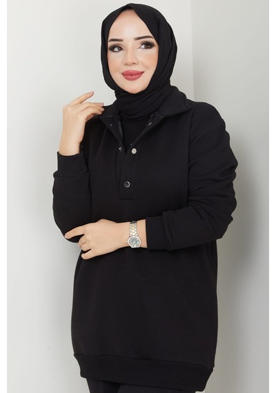 Esilanur Çıkarılabilir Kapüşonlu 3 İplik Şardonlu Sweatshirt Siyah