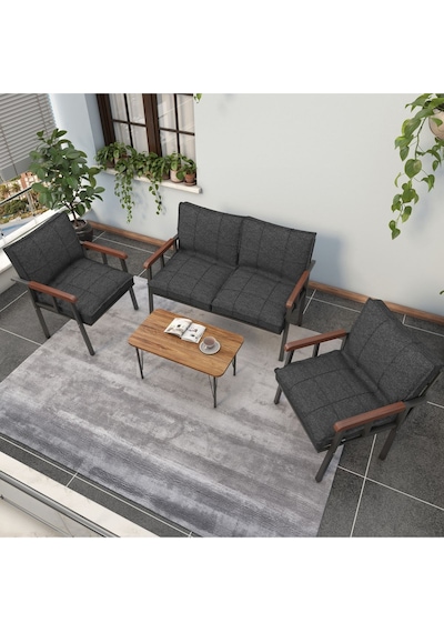 Mygusi Modern Balkon, Bahçe, Cafe - Metal Kanepe Koltuk Takımı - 2 1 1 Sehpa Hediye Antrasit