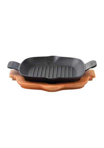 Lava Döküm Izgara Tava. Metal Kulplu. Ahşap Altlıklı. Ölçü 26x26c