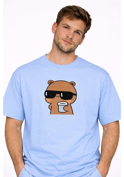 Sevgili Kombini Panda Bardak Baskılı Çift Tişört Oversize Unisex Mavi