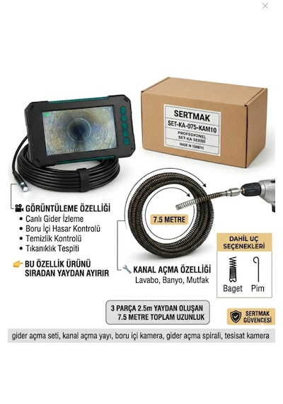 Sert Gider Açma Seti 7,5 Metre Yay + 10 Metre Boru İçi Kamera Görüntüleme Ve Tıkanıklık Açma Seti