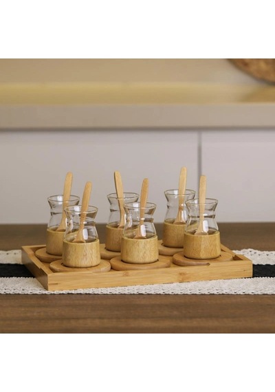 18 Parça Bambu Çay Seti - 6 Çay Bardağı - Borosilikat Cam Renkli