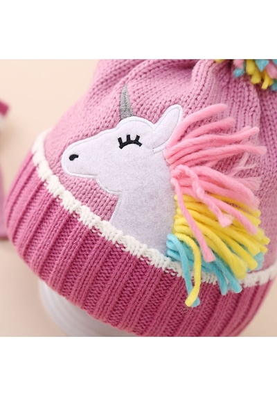 Unicorn Aplikeli Örme Bere Ve Eldiven İkili Set Pembe