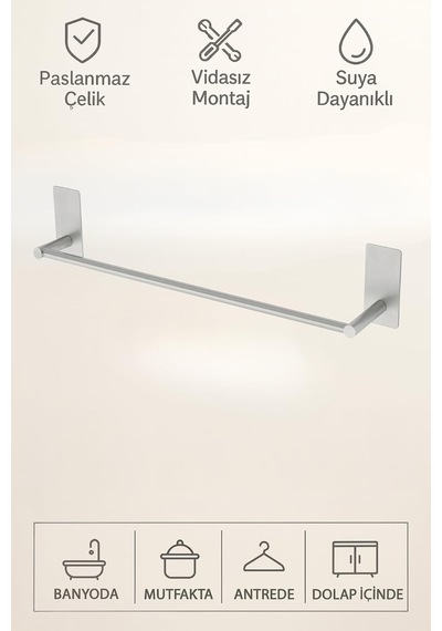 Tr Paslanmaz Çelik Havluluk 45 Cm, 304 18/10 Çelik Yapışkanlı Duvar Havlu Askısı, Vidasız Deliksiz Banyo Ve Mutf Genel