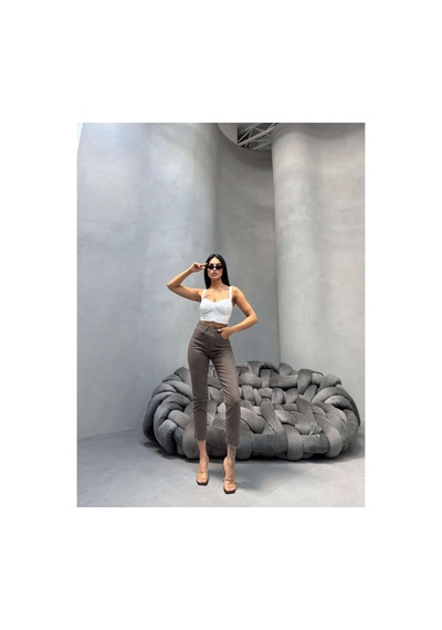 Kene Jeans Kadın Yüksek Bel Vizon Keten Paça Kesik Dar Paça Pantolon Gri