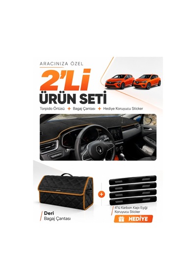 Renault Clıo 5 2019-2026 Uyumlu Torpido Örtüsü + Deri Bagaj Çantası + Sticker - Siyah Kahverengi
