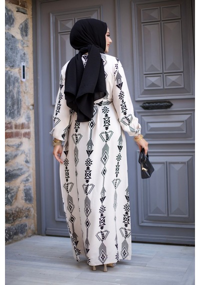 Hira Life Fashion Kadın Tesettür Geometrik Desen Önü Düğmeli Ve Bel Kuşaklı Viskon Elbise Beyaz Beyaz Hira Life Fashion Kadın Tesettür Geometrik Desen Önü Düğmeli Ve Bel Kuşaklı Viskon Elbise Beyaz Beyaz