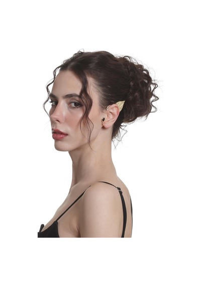 Kadın Altın Renk Lak Kaplama Taşlı Yaprak Stilizesi Sol Kulak Earcuff & Kıkırdak Küpe Çok Renkli