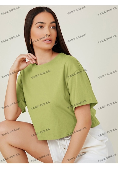 Flood Of Style Crop Ckod-232913 Pamuk Damla Omuz Düz Kısa Yeşil