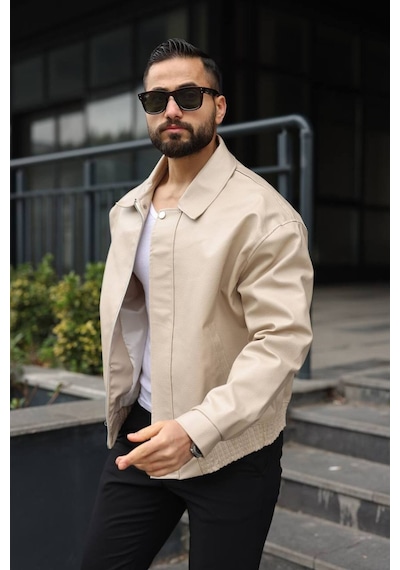 Yeni Sezon Dokulu Oversize Bol Kalıp Bomber Ceket Krem Karbon Deri