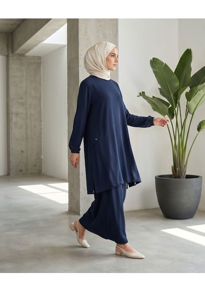My Stil Kadın Etek Altı Bağipi Detaylı Tesettür Tunik Lacivert