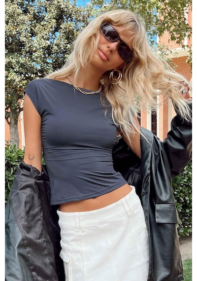 Madmext Füme Sırt Dekolteli Crop Kadın Bluz Mg1851-füme Füme