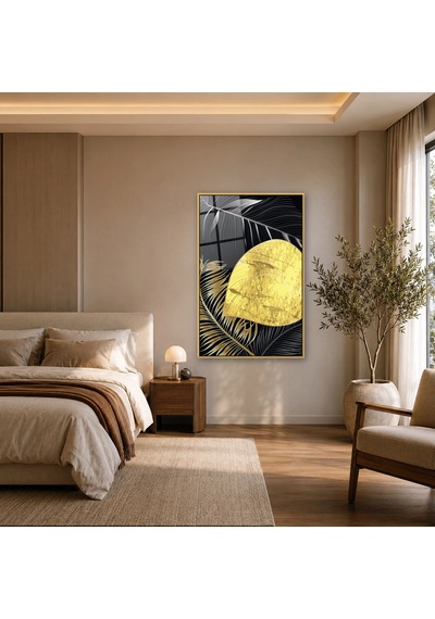 Altın Yapraklar Ve Altın Daire Gold Çerçeveli Cam Tablo