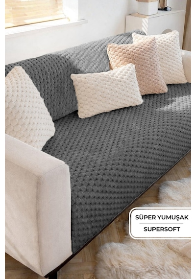 Soft Kürklü Koltuk Örtüsü 170x215 Cm Yumuşak Peluş Kaymaz Taban Kanepe Örtüsü Antrasit