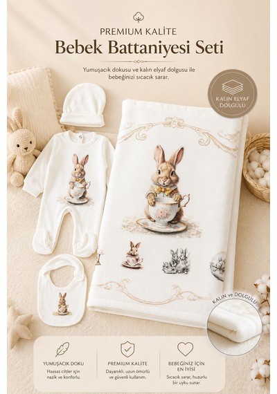 Sitilin Kız Erkek Bebek Atelier Premium 4'lü Hastane Çıkışı Seti Dolgulu Battaniyeli Yenidoğan Seti Stl7175 Beyaz
