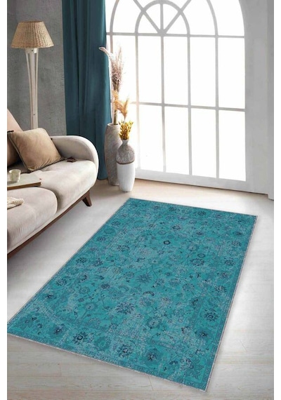 Turkuaz Vintage Kaymaz Taban Makinede Yıkanabilir Halı Kr033n11