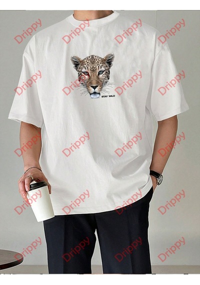 Flood Of Style Leopar Stay Wild Baskılı Oversize Unisex Yıkamalı Tshirt Beyaz