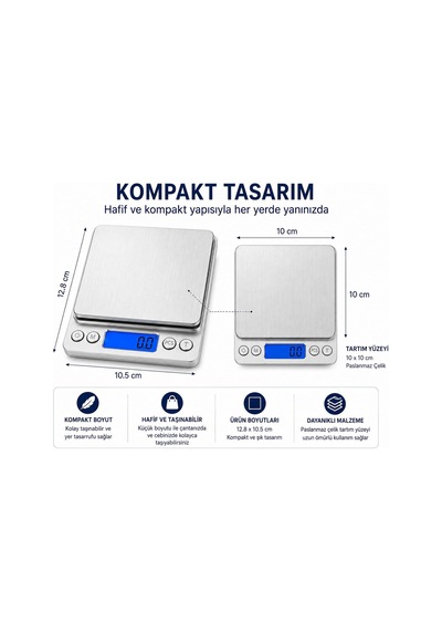 Dijital Hassas Mutfak Tartısı 3000 G Kapasiteli, 0,1 G Hassasiyetli, Lcd Ekranlı Mini Terazi, 6 Ölçüm Birimi, Dara Ve Pcs Adet Sayma Fonksiyonlu, Paslanmaz Çelik Çok Renkli