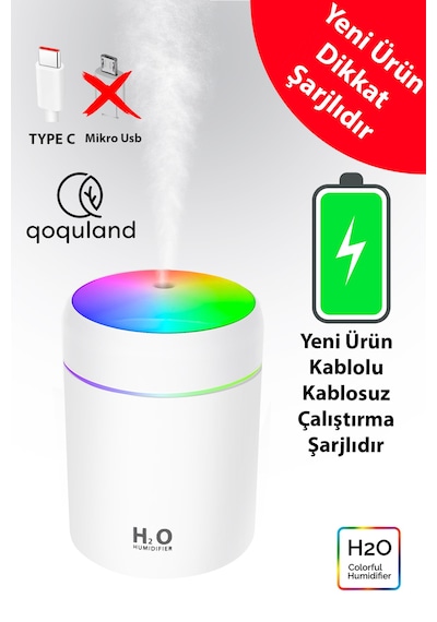 Şarjlı H2o 300 Ml Ultrasonik Hava Nemlendirici Ve Aroma Difüzörü Type C Girişli