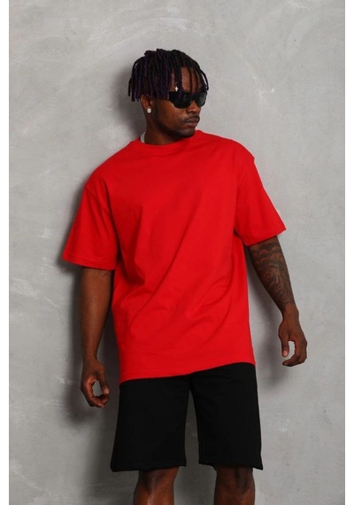 Erkek Düz Yazlık Kısa Kol Tişört Bisiklet Yaka Oversize T-shirt - Kırmızı