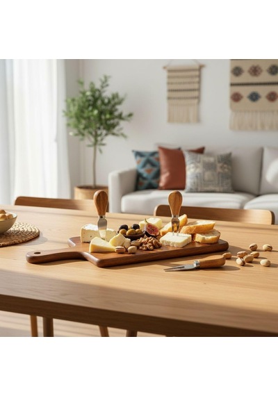 Haus 4 Parça Akasya Ahşap Peynir Sunum Seti Ve Bıçak Takımı - 29x18 Cm Şarküteri Ve İkramlık Tahtası - Paslanmaz Çelik Peynir Bıçakları Çok Renkli