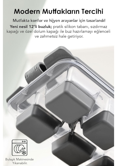 3 Adet Silikon Bas Çıkar Buzluk - 12 Hazneli Kapaklı Yapışmaz Silikon Kokteyl Sunum Buz Kalıbı Gri