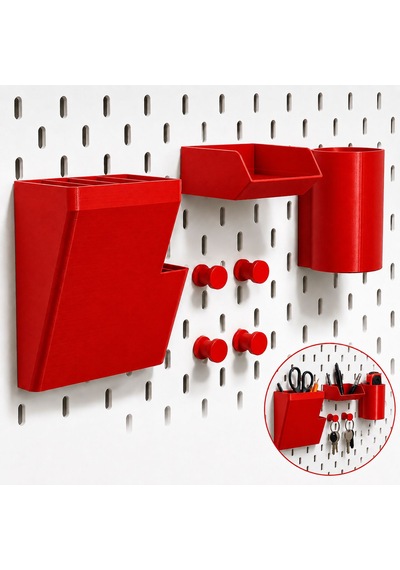 Pegboard Duvar Düzenleyici Organizer Seti Kalemlik, Çok Amaçlı Kutu, Mini Raf Ve Askılık Modüllü Modüler Duvar Organizasyon Sistemi Kırmızı