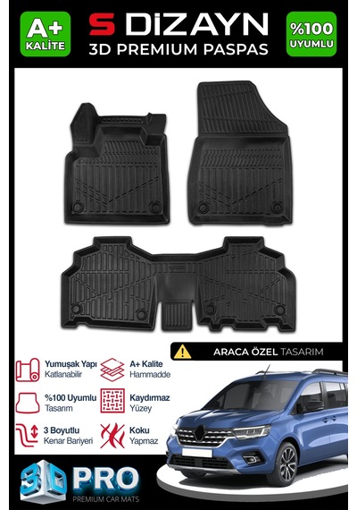 S-dizayn Renault Kangoo 3d Pro Havuzlu Paspas 2024 Üzeri A+ Kalite