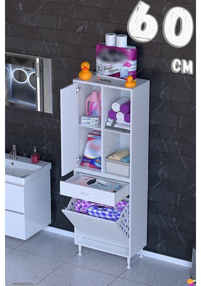Afra 60 Cm 1 Gözlü Kirli Çamaşır Sepet, 1 Kapak Ve Çekmeceli 4 Raflı Çok Amaçlı Banyo Dolabı Beyaz Afra 60 Cm 1 Gözlü Kirli Çamaşır Sepet, 1 Kapak Ve Çekmeceli 4 Raflı Çok Amaçlı Banyo Dolabı Beyaz