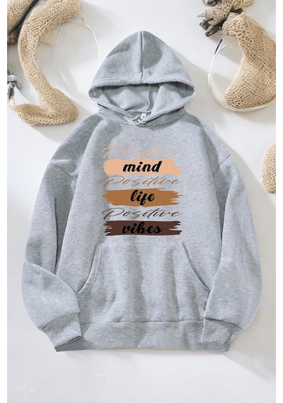 Uyguntarz Mind Life Vibes Baskılı Oversize Sweatshirt Gri
