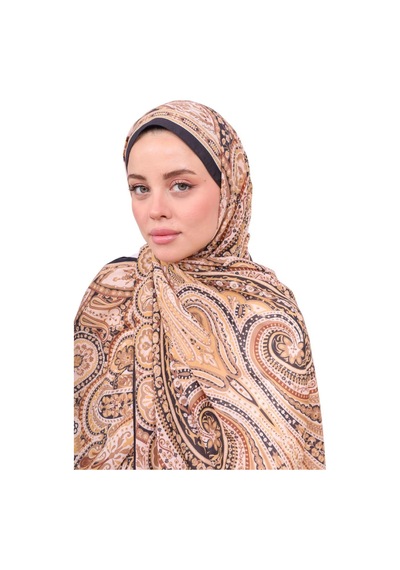 Premium Lux Original Etnik Desen Şal Vual İpek, 1. Sınıf, Hafif, Rahat, Şık, Tesettür Giyim Hardal