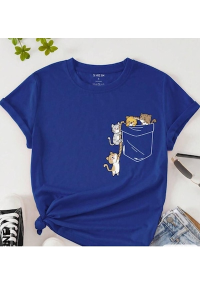 Kadın Kedi Cep Baskılı Regular T-shirt 001