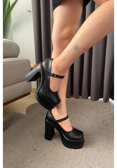 Preshley Kadın Napoli Siyah Tek Baretli 12 Cm Platform Topuklu Ayakkabı Siyah