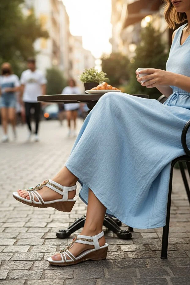 Guja 26y241-1 Kadın Taşlı Dolgu Topuklu Günlük Comfort Sandalet Beyaz