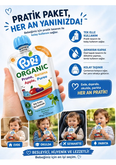 Organic %100 Organik Meyve Püresi Mürdüm Erik Muz Elma 100 G İlave Şekersiz