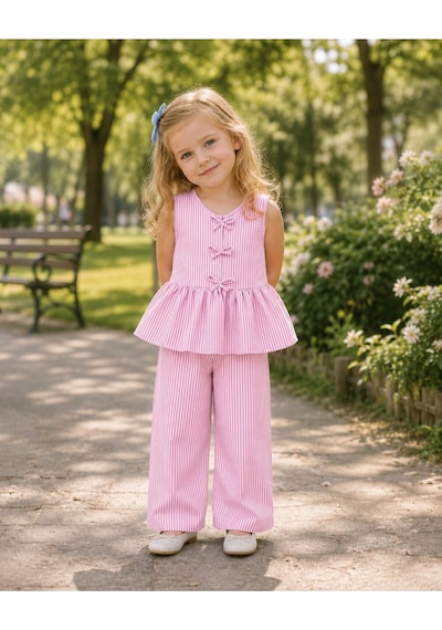 My Kids Wear Kız Çocuk Bella Fiyonk Detaylı Alt Üst Takım 12798 Pembe