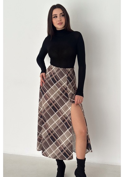 Kadın Yırtmaç Detaylı Ekose Uzun Etek Slit Plaid Kahverengi