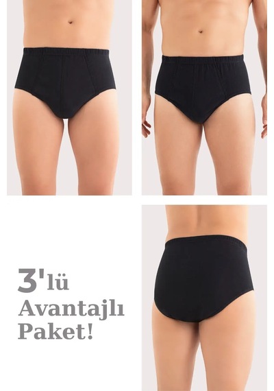 Terrien Özel Üretim Günlük Giyim Konfor Erkek Pamuklu Külot Düz Siyah Beli Lastikli 3'lü Paket Siyah-3