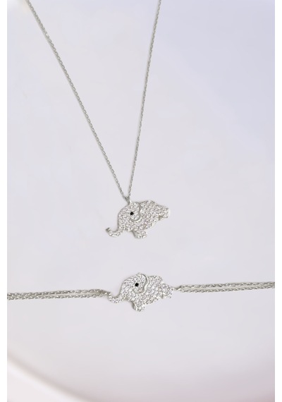 Papatya Silver 925 Ayar Gümüş Rodyum Kaplama Zirkon Taşlı Fil Kolye ve Bileklik Set