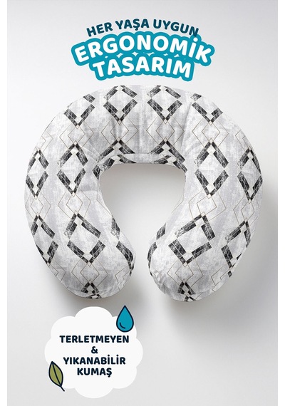 Geometrik Desenli Pamuklu Boyun Yastığı - Modern Siyah Gri Altın Seyahat Yastığı Lavanta Taş Bej